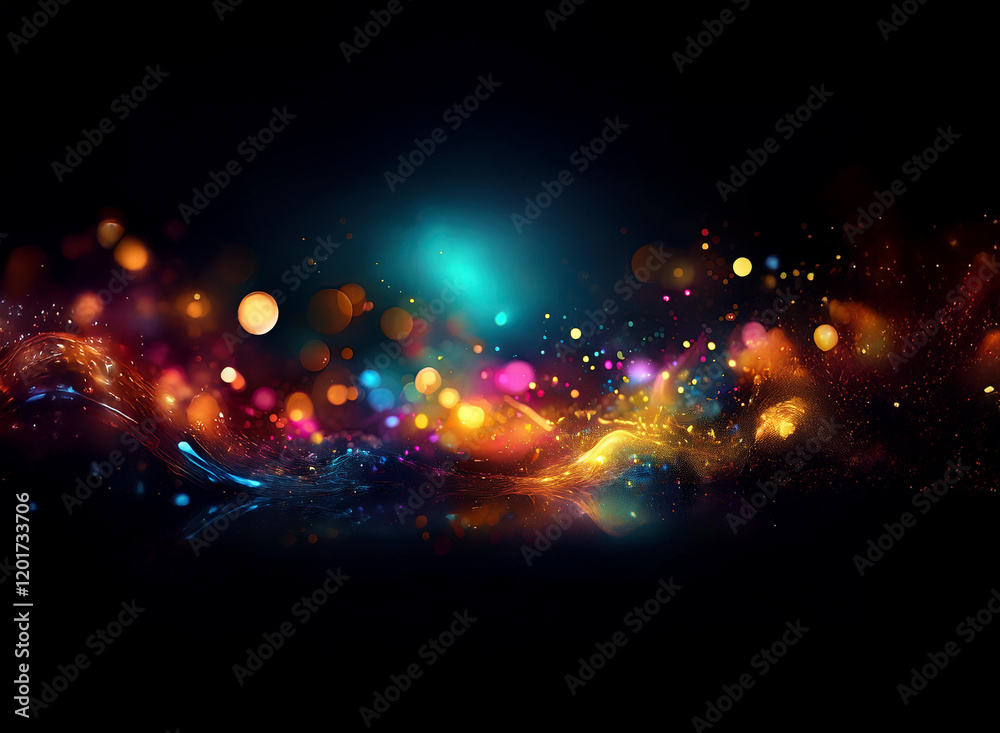 Poster Abstract background of colorful bokeh lights, swirling and shimmering in a dark space.  The vibrant lights create a dynamic and energetic atmosphere.