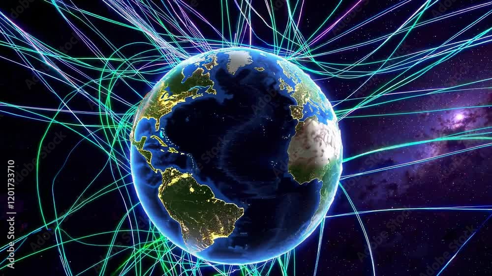 Sticker earth rotating in space with data connections flowing around, showing continents and city lights at 