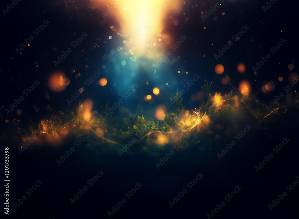 Poster Abstract background image featuring bokeh lights and glowing particles.  A mystical, dark scene with vibrant light sources illuminating the lower portion.