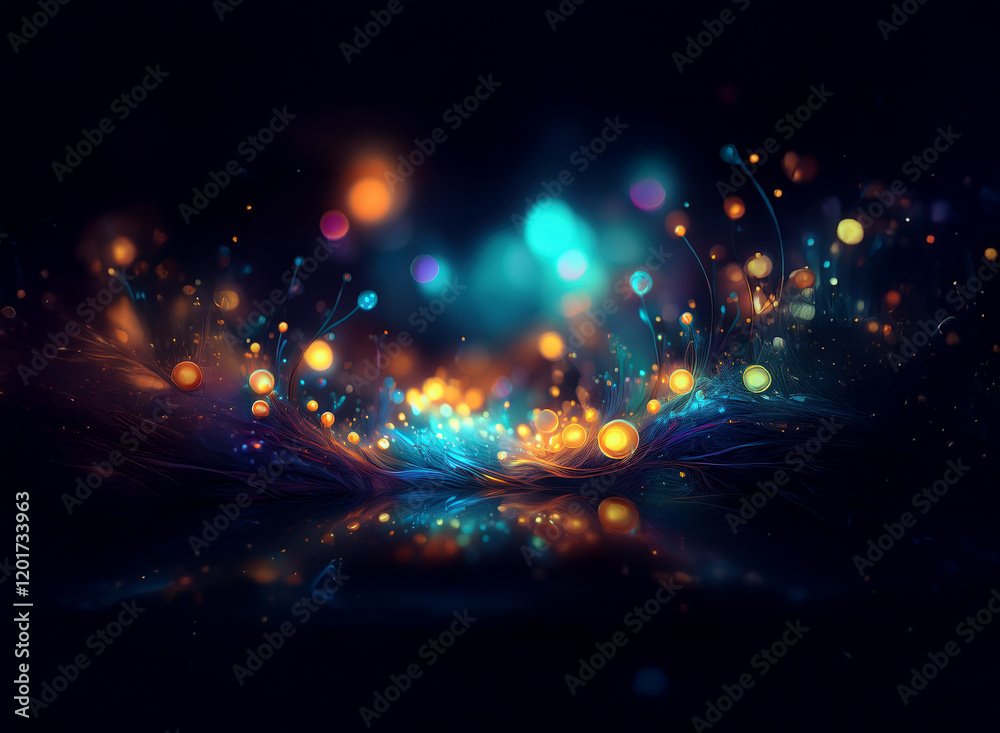 Aufkleber Abstract background image featuring a vibrant bokeh effect.  Multicolored lights bloom in a dark, reflective setting creating an ethereal, glowing scene.