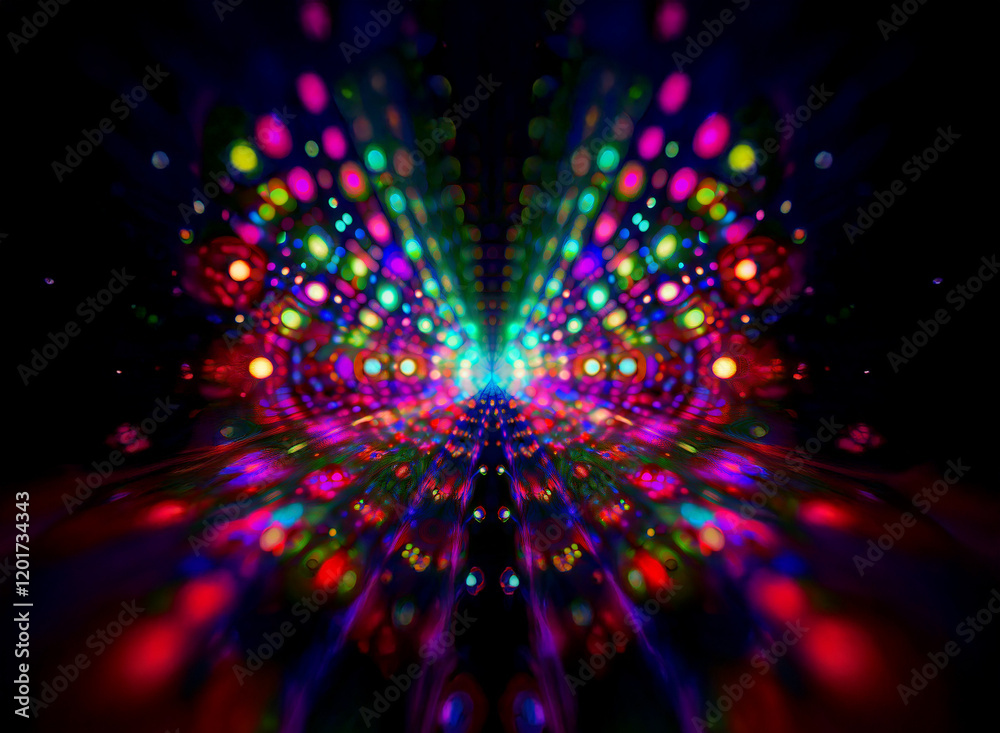 Aufkleber Abstract background image featuring vibrant bokeh lights, creating a symmetrical tunnel effect with multicolored glowing dots and streaks.
