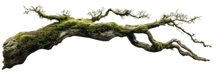 weathered tree branch, covered in patches of vibrant green moss, isolated on transparent background.