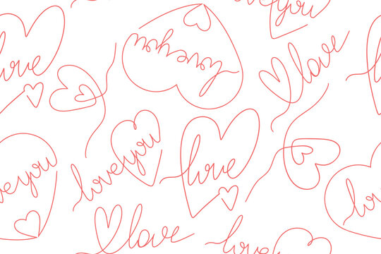 Fototapeta Seamless pattern of hearts and love inscriptions. Valentine's Day, wedding day concept. Background for invitations, greeting cards, prints and posters. Trendy minimalist illustration. Vector.