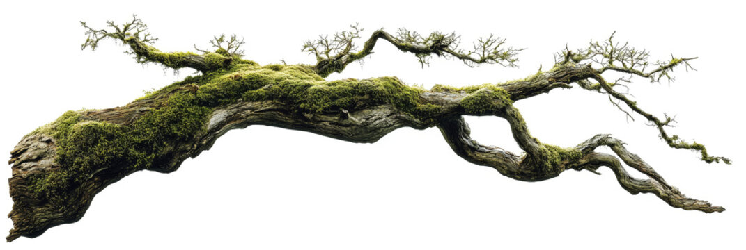 Fototapeta weathered tree branch, covered in patches of vibrant green moss, isolated on transparent background.