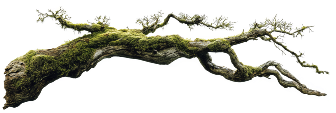 weathered tree branch, covered in patches of vibrant green moss, isolated on transparent background.