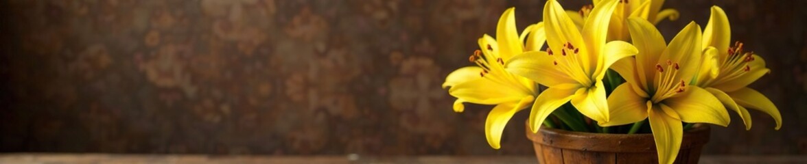 Obraz premium Yellow Asiatic lily blooms arranged in a wooden basket against a rustic brown background, asiatic, brown, arrangement