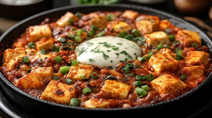 Fototapeta premium Spicy Tofu Dish Topped With Creamy Yogurt Garnish