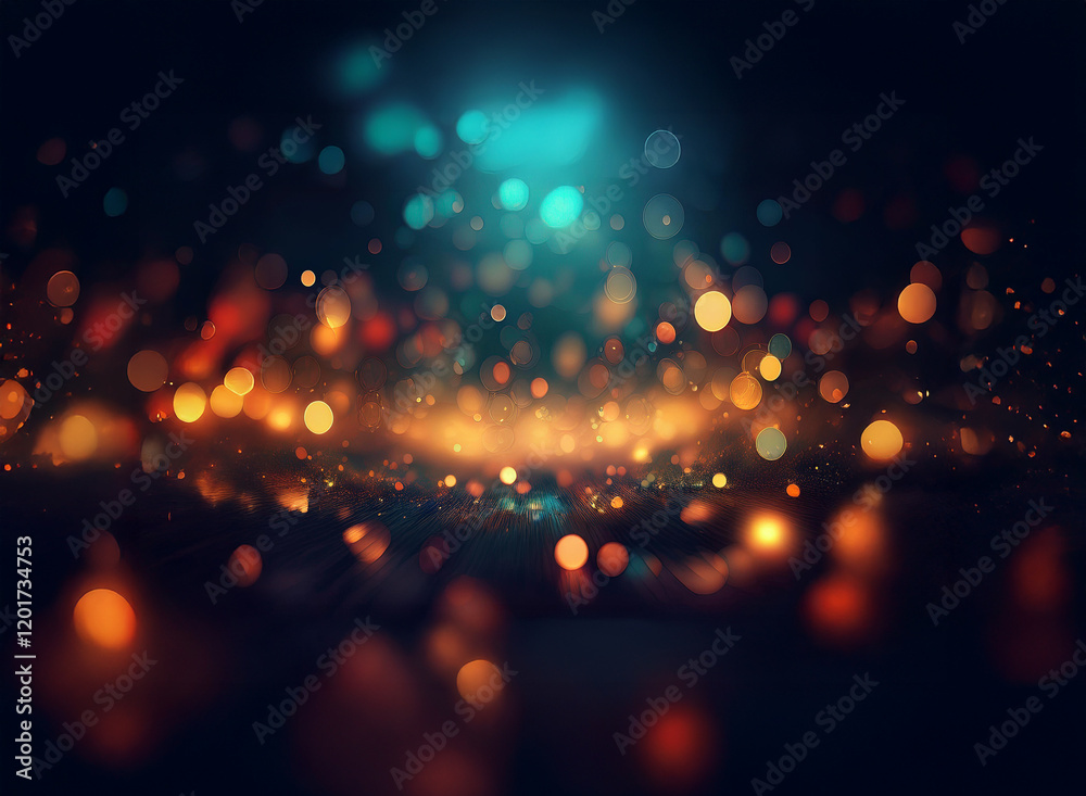 Poster Abstract background image featuring a bokeh effect with warm and cool lights, creating a dreamy, sparkling ambiance. The lights vary in intensity and color, creating depth and texture.