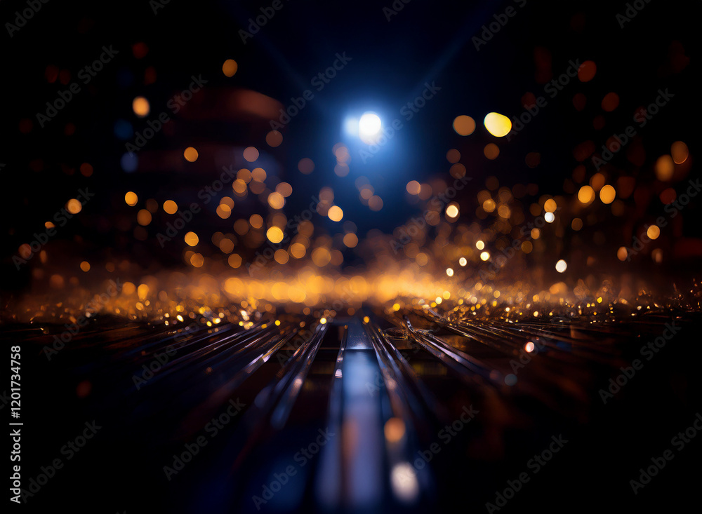 Aufkleber Abstract background image featuring bokeh lights and glowing particles.  A dark, moody scene with bright sparkles scattered across a metallic surface.