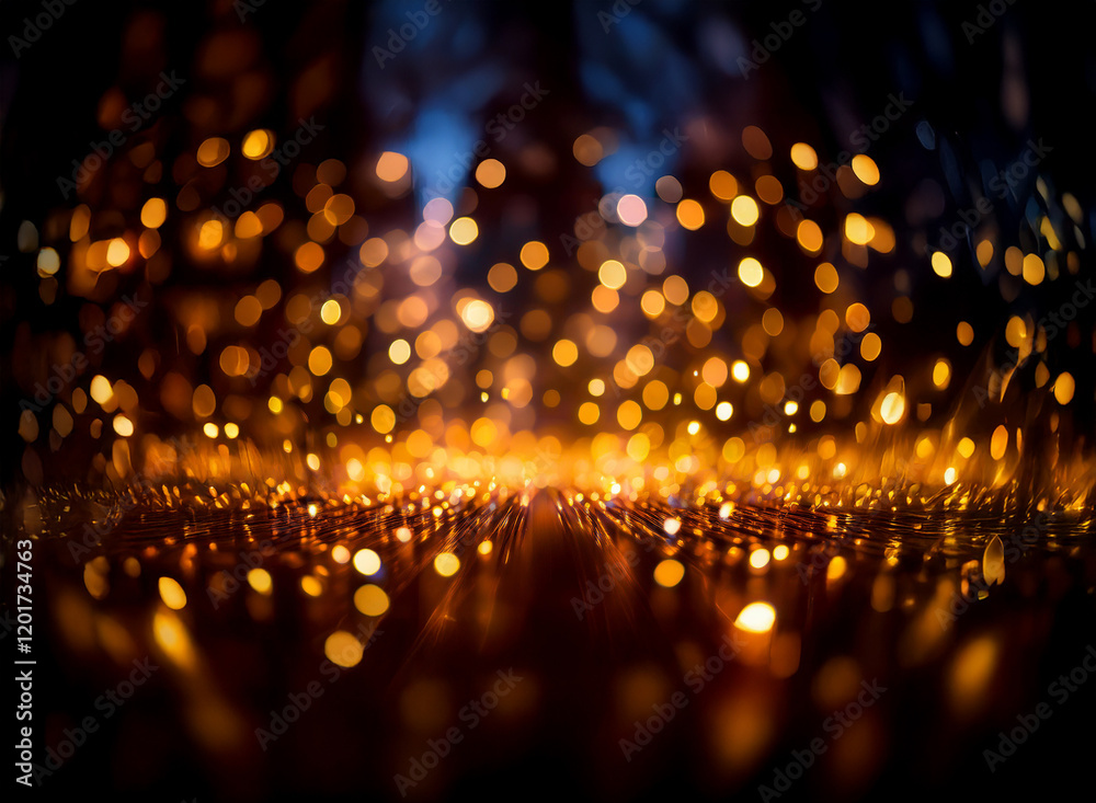 Poster Abstract bokeh background of golden lights.  A blurry, luminous effect creates a sparkling, dark backdrop.