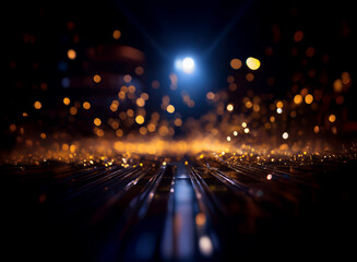 Obraz premium Abstract background image featuring bokeh lights and glowing particles. A dark, moody scene with bright sparkles scattered across a metallic surface.