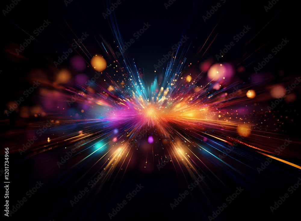 Poster Abstract background image featuring a burst of colorful lights and bokeh, creating a dynamic and vibrant visual effect.  The dark background enhances the brilliance of the radiating lights.