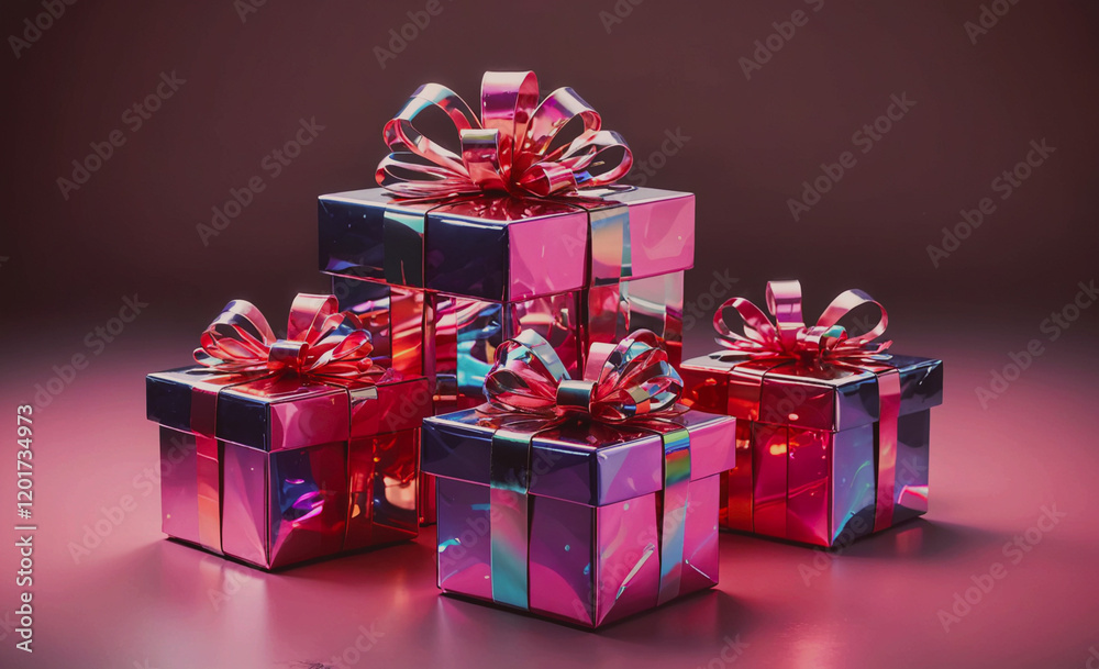 Aufkleber Three pink boxes with red bows on top of each other. The boxes are stacked on top of each other, creating a sense of height and importance. The red bows add a festive and celebratory touch to the