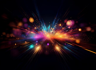 Naklejka premium Abstract background image featuring a burst of colorful lights and bokeh, creating a dynamic and vibrant visual effect. The dark background enhances the brilliance of the radiating lights.