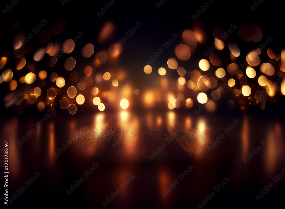 Poster Abstract bokeh background of warm, golden lights creating a shimmering, reflective surface.  The dark background enhances the luminosity of the out-of-focus lights.