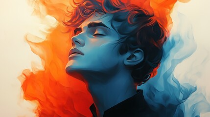 Surreal Portrait of a Person with Red and Blue Flames Surrounding Face for Creative Expression and Imaginative Design Concepts in Dreamlike Setting