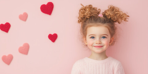 Adorable Smiling Girl with Curly Hair Surrounded by Pink Hearts. Valentine's Day Themes. Love and Romantic Concept