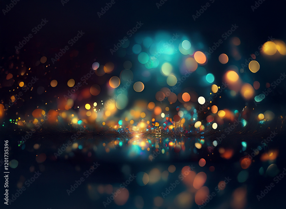 Aufkleber Abstract background image featuring colorful bokeh lights, glowing and shimmering, creating a dreamy, dark ambiance.  The lights reflect on a dark surface, adding depth and sparkle.