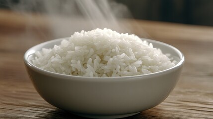 Detailed shot of steamed jasmine rice in a white bowl on a traditional wooden dining table. Ideal for cooking demos and food magazines.