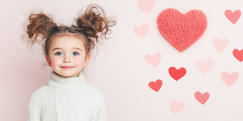 Cute Little Girl in white sweater with Curly Hair on a Light Pink Background with Red Hearts. Valentine's Day Theme. Love and Romantic Concept