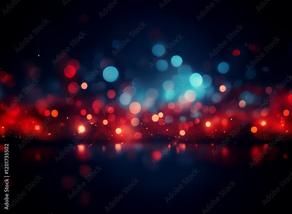 Poster Abstract background of red and blue bokeh lights, creating a sparkling, luminous effect.  The lights reflect on a dark, shiny surface.