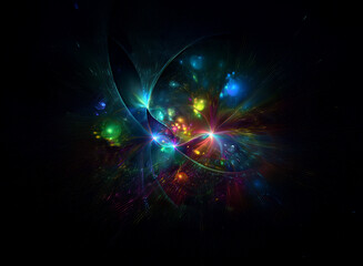 Fototapeta premium Abstract background image featuring vibrant bokeh lights, creating a colorful, cosmic effect. The dark background enhances the luminosity of the glowing elements.