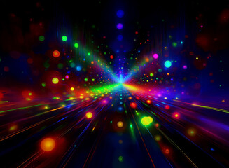 Fototapeta premium Abstract background of colorful bokeh lights, creating a vibrant, radiant tunnel effect. The dark backdrop enhances the luminosity of the glowing particles.