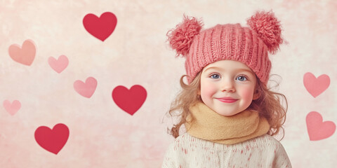 Fototapeta premium Cute little girl with curly hair and pink hat on a pink background with red hearts. Valentine's Day Themes. Love and Romantic Concept