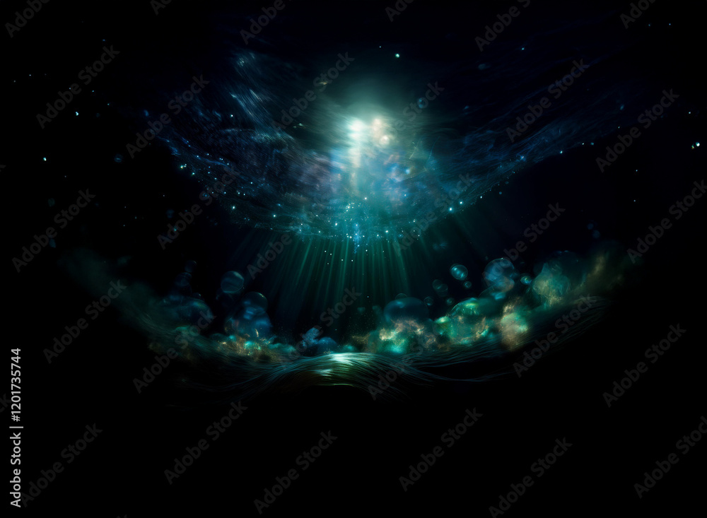 Poster An abstract background image features a celestial scene. Glowing lights and bokeh effects create a mystical underwater atmosphere.  Dark clouds and shimmering particles fill the scene.