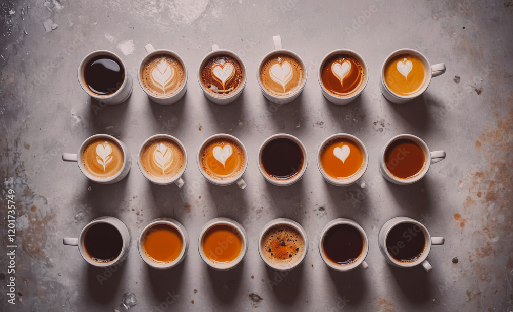 Poster a row of coffee cups with hearts on them. the cups are arranged in a line, with some cups having hea