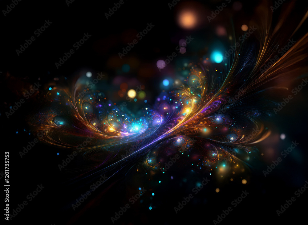 Aufkleber An abstract background image featuring a bokeh effect.  Glowing lights and vibrant colors create a dynamic, ethereal design, resembling a cosmic butterfly or nebula.