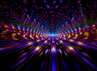 Fototapeta premium Abstract background image featuring a vibrant, colorful tunnel of lights with bokeh effects. The perspective creates a sense of depth and movement.