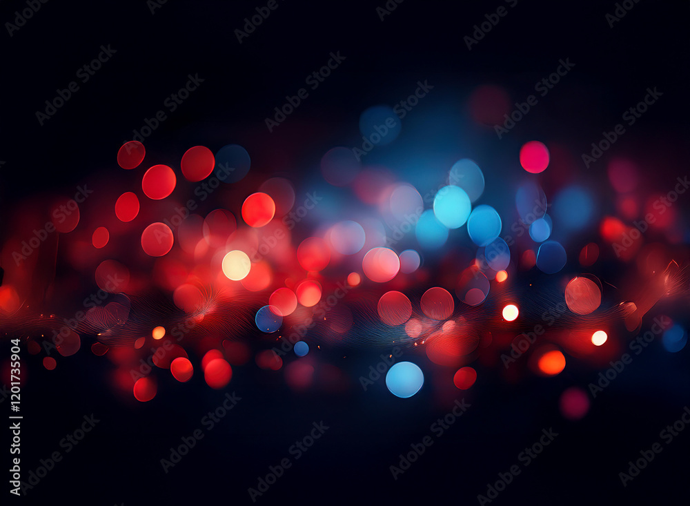 Poster Abstract bokeh background of red and blue lights, creating a vibrant and dynamic atmosphere.  The out-of-focus lights shimmer with luminosity.