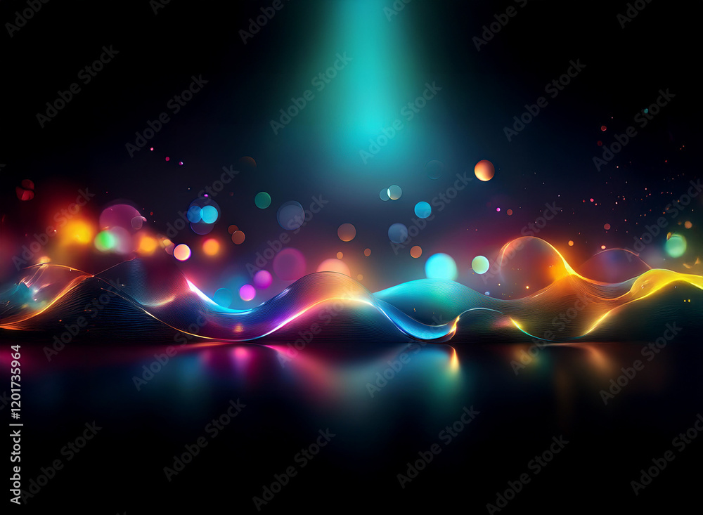 Poster abstract background with vibrant, colorful bokeh lights and flowing, luminous waves reflecting on a 