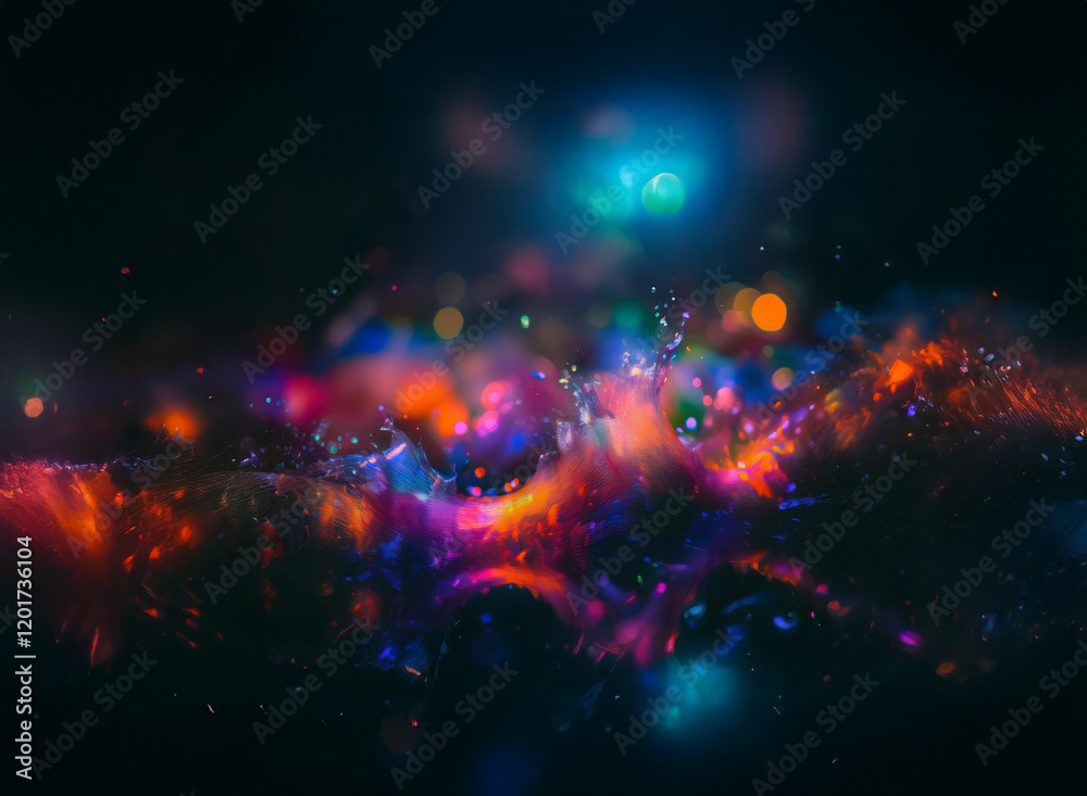 Aufkleber Abstract background image featuring vibrant, colorful bokeh lights and fluid, dynamic splashes. The dark backdrop enhances the luminosity of the multicolored particles.