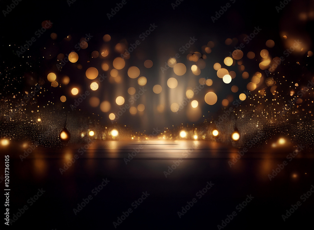 Aufkleber Abstract background of bokeh lights.  Golden and amber lights create a magical, shimmering effect on a dark, reflective surface.