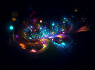Obraz premium An abstract background image featuring swirling, vibrant lights and bokeh effects. The colorful lights create a dynamic and ethereal design against a dark backdrop.