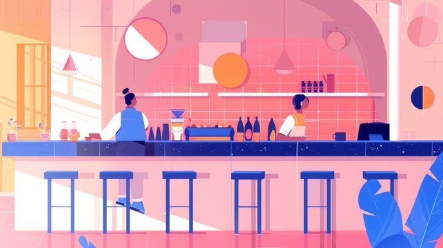 A vibrant illustration of a bar scene with two bartenders and colorful decor.