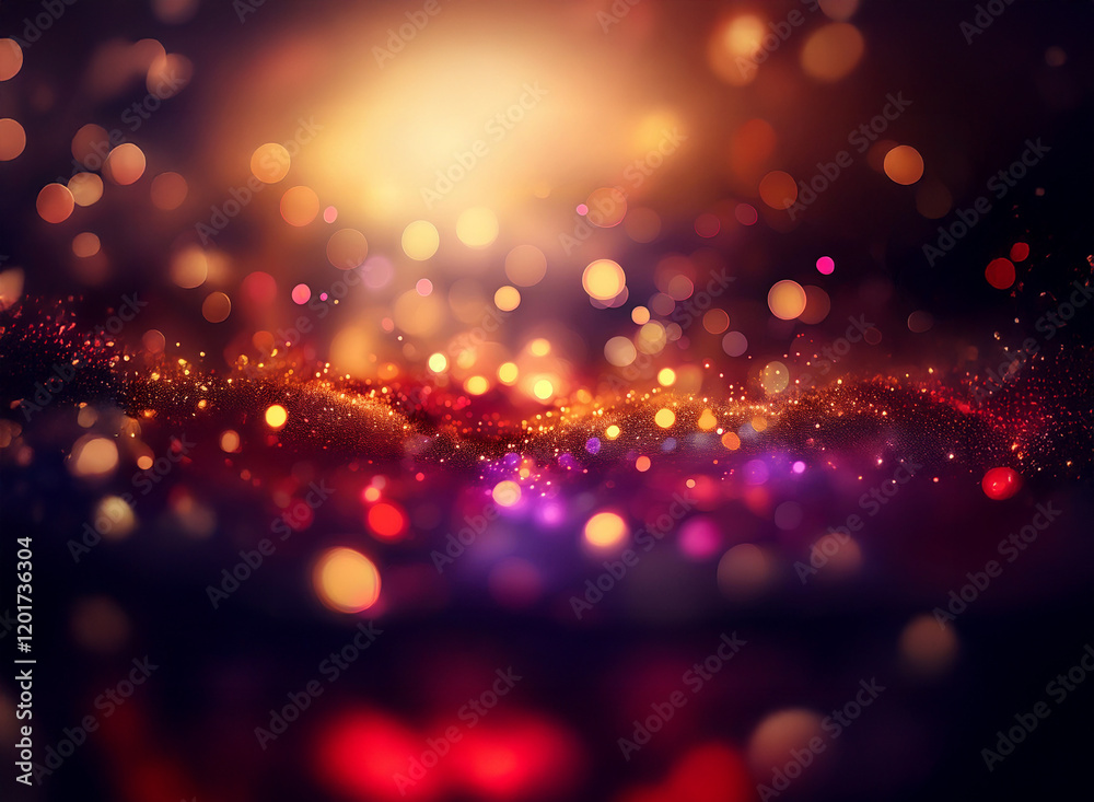 Poster Abstract background image featuring a bokeh effect.  Warm and cool lights create a sparkling, glittering, and vibrant atmosphere.  The dark backdrop enhances the luminosity of the colorful lights.