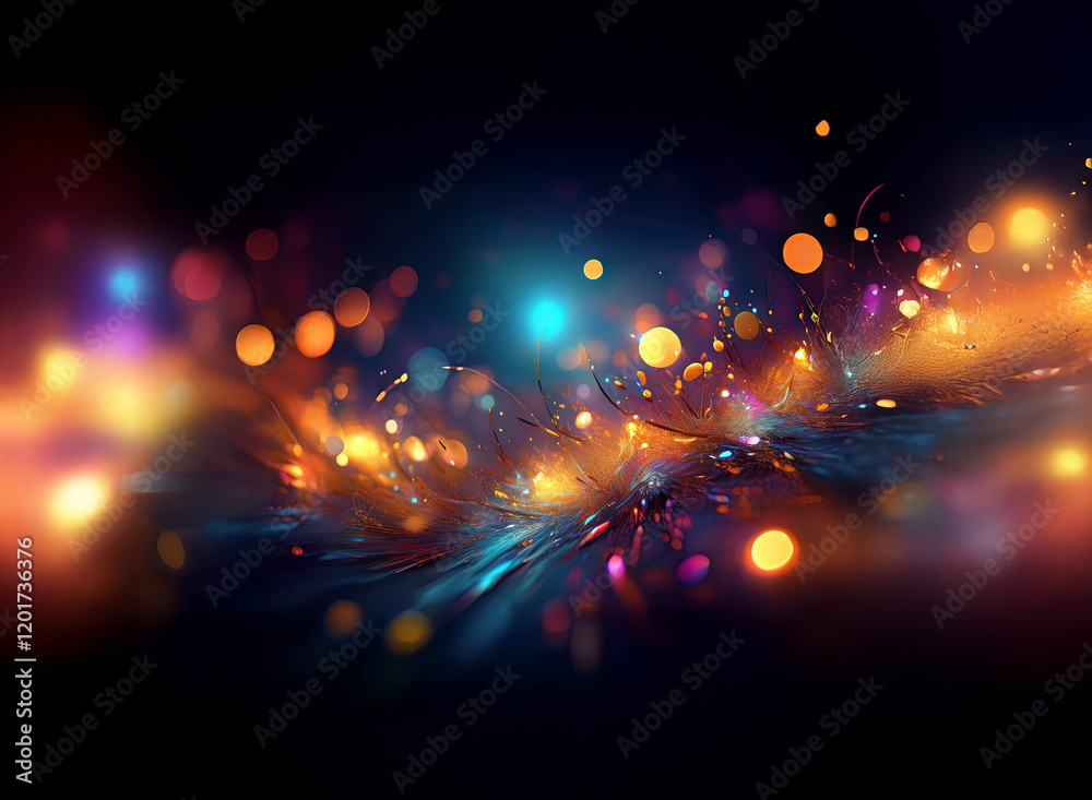 Poster Abstract background of colorful bokeh lights, swirling in a dynamic, vibrant wave of light and dark.  The effect is luminous and energetic.