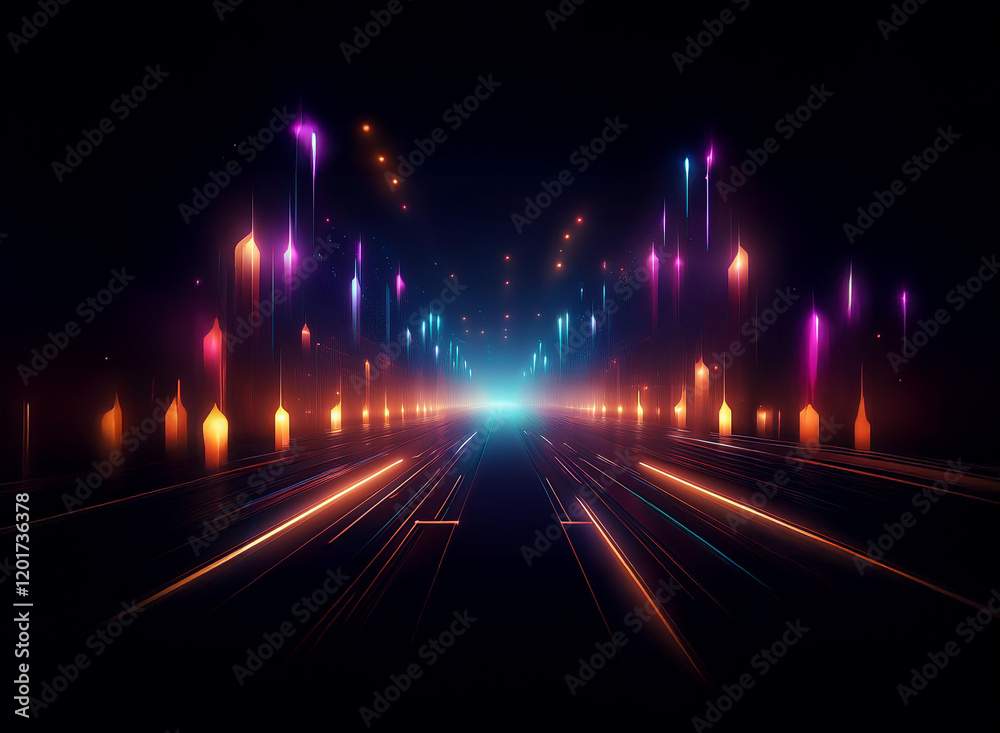 Fototapete abstract background of a futuristic road at night. bokeh lights illuminate the scene creating a vibr
