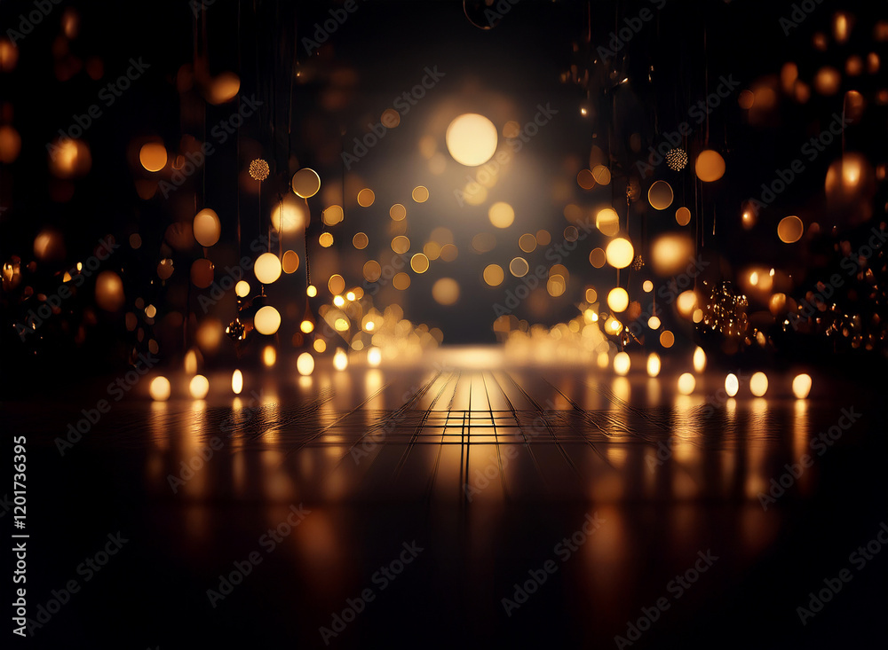 Poster Abstract background with bokeh lights. Golden orbs illuminate a dark, reflective floor, creating a magical, atmospheric scene.  The lights form a pathway leading to a bright center.