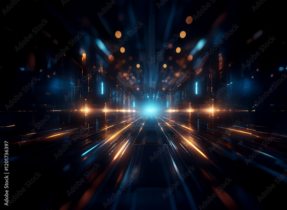 Poster Abstract background featuring a futuristic, glowing tunnel.  Bokeh lights and vibrant streaks create a sense of depth and speed.