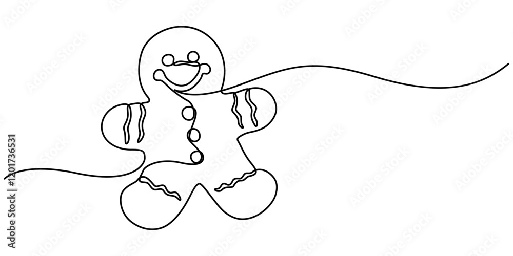 Poster one continuous line drawing of baked gingerbread man, one solid line drawing of a gingerbread man, c