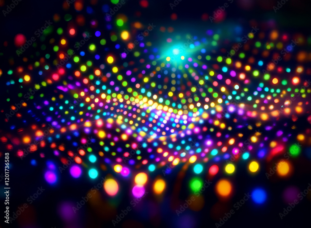 Poster Abstract background of colorful bokeh lights, forming a wavy, glowing pattern.  The vibrant, multicolored dots create a dynamic, energetic visual.
