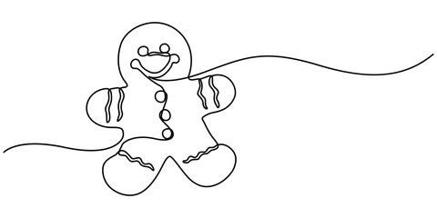 One continuous line drawing of baked gingerbread man, One solid line drawing of a gingerbread man, Christmas baking, vector illustration, Continuous line drawing of Gingerbread cookie christmas. 