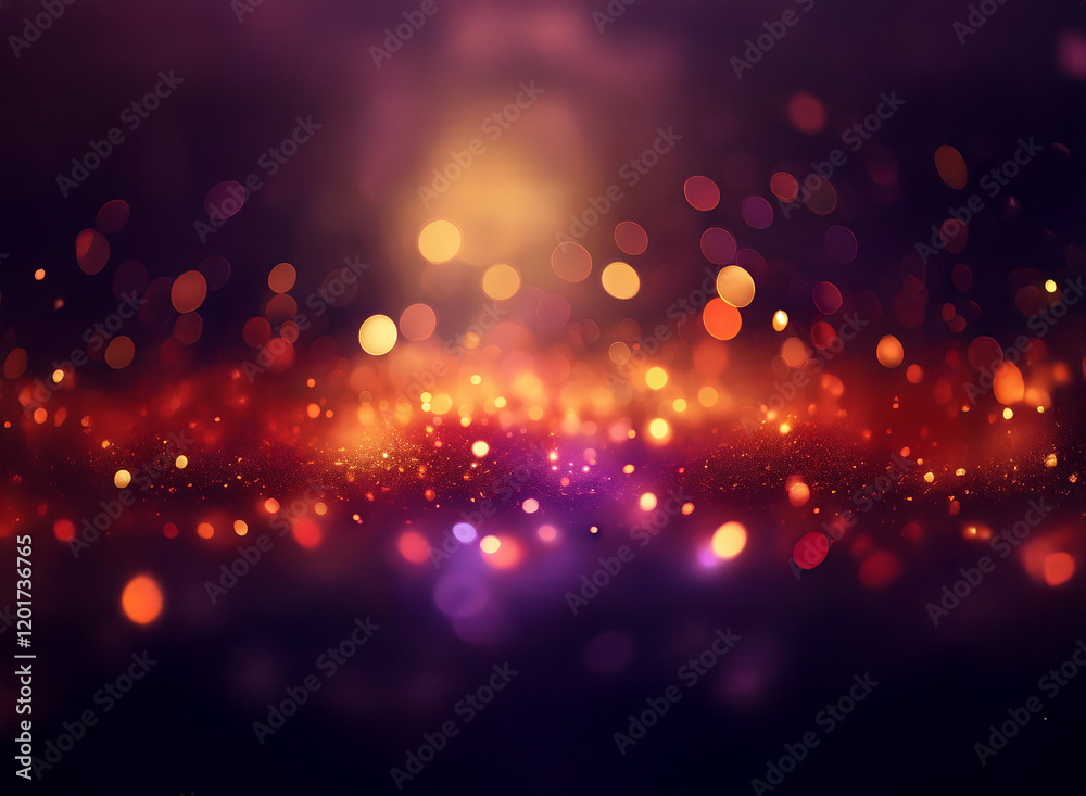 Poster Abstract background image featuring a bokeh effect.  Warm-toned lights in red, orange, and purple create a sparkling, glowing effect.
