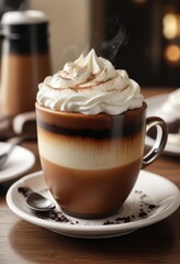 A brown cup filled with a steaming hot black cappuccino topped with a generous dollop of whipped cream and a plate nearby, cafe ambiance, cappuccino