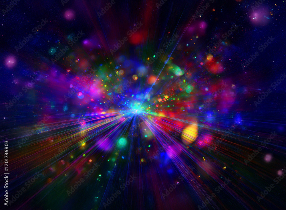 Aufkleber Abstract background image featuring vibrant bokeh lights and radiant rays, creating a dazzling, colorful explosion effect.