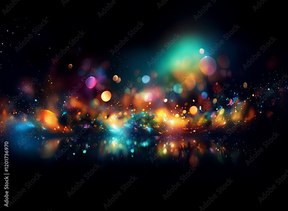Poster An abstract background image featuring vibrant bokeh lights, colorful glows, and sparkling particles.  A dark, almost black backdrop enhances the luminescence.